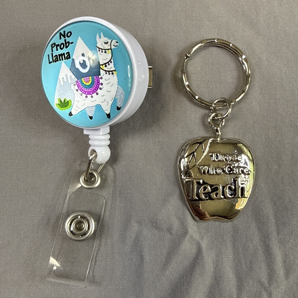 2 Teacher Appreciation Gifts  Apple Keychain With Message And Llama ID Card Reel